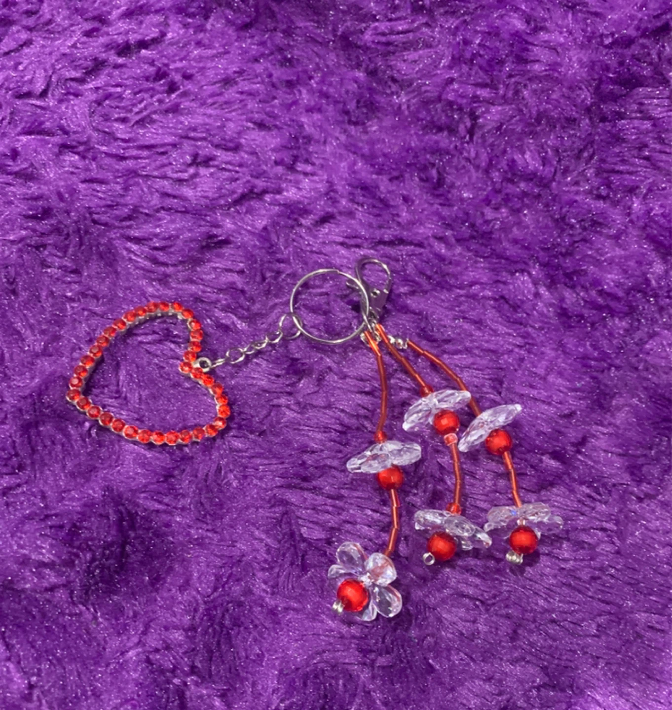 Red Heart & Flower Beaded Keychain