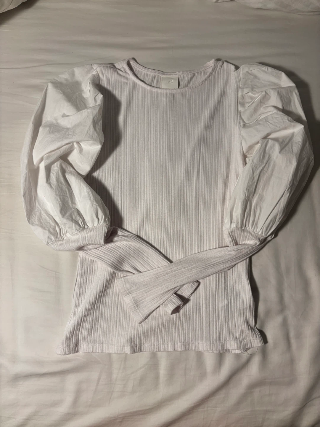 H&M White Puff Sleeve Ribbed Top