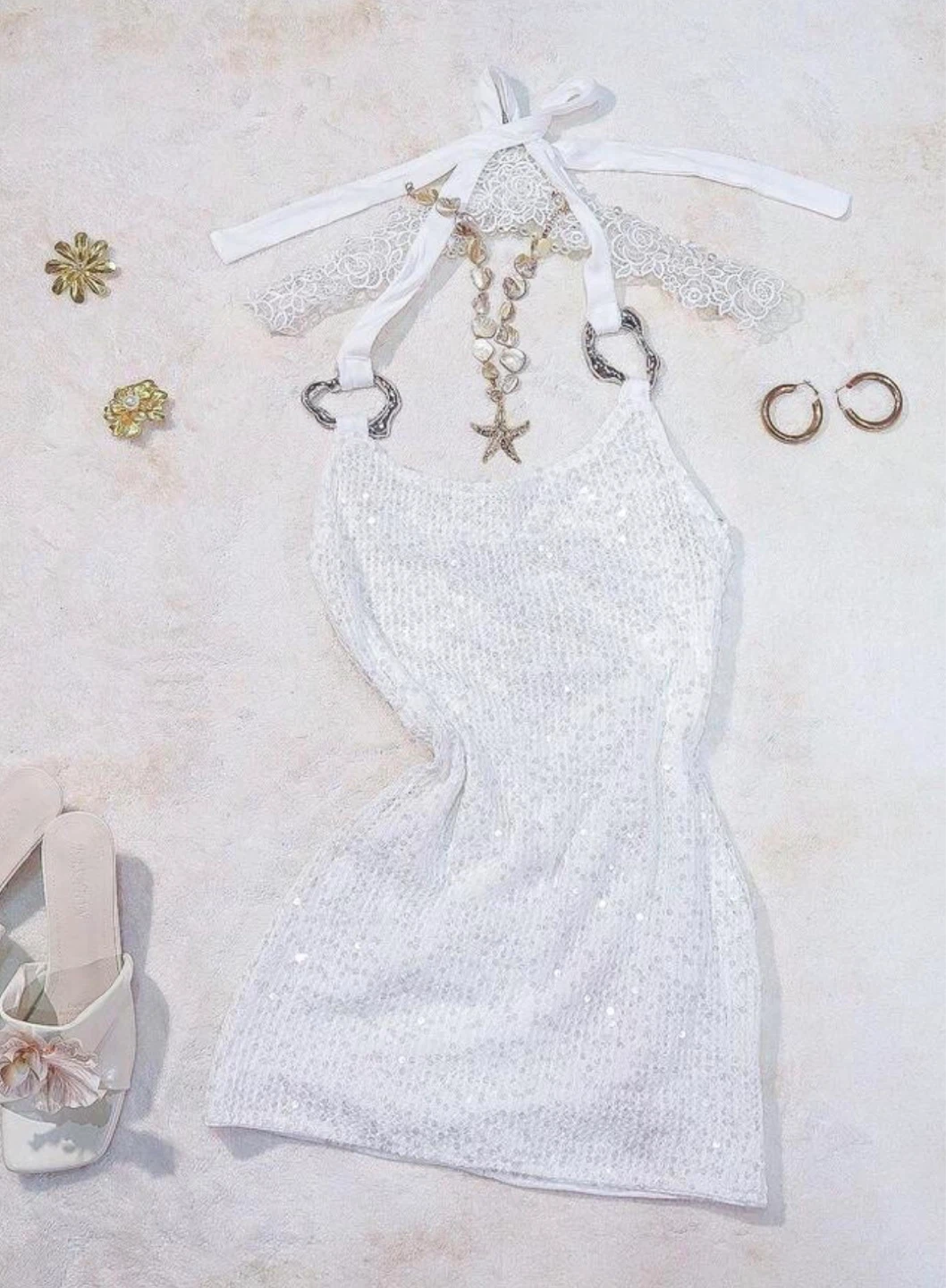 White Sequin Mini Dress with Halter Neck - Size Small - photo 5
