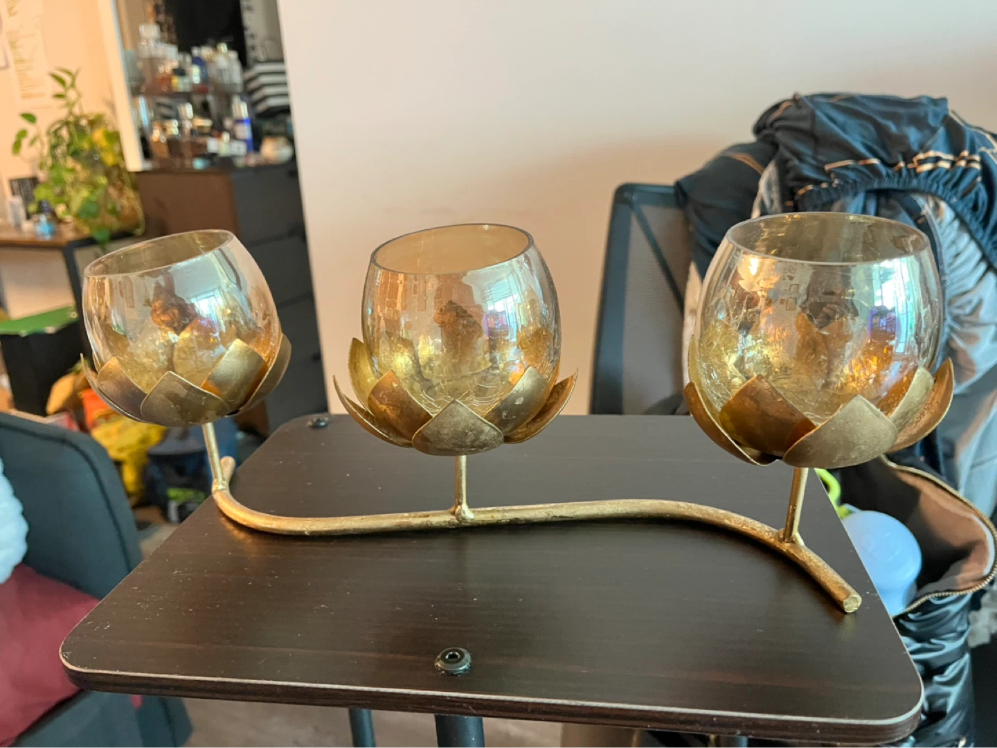 3-Candle Gold Lotus Taper Candle Holder