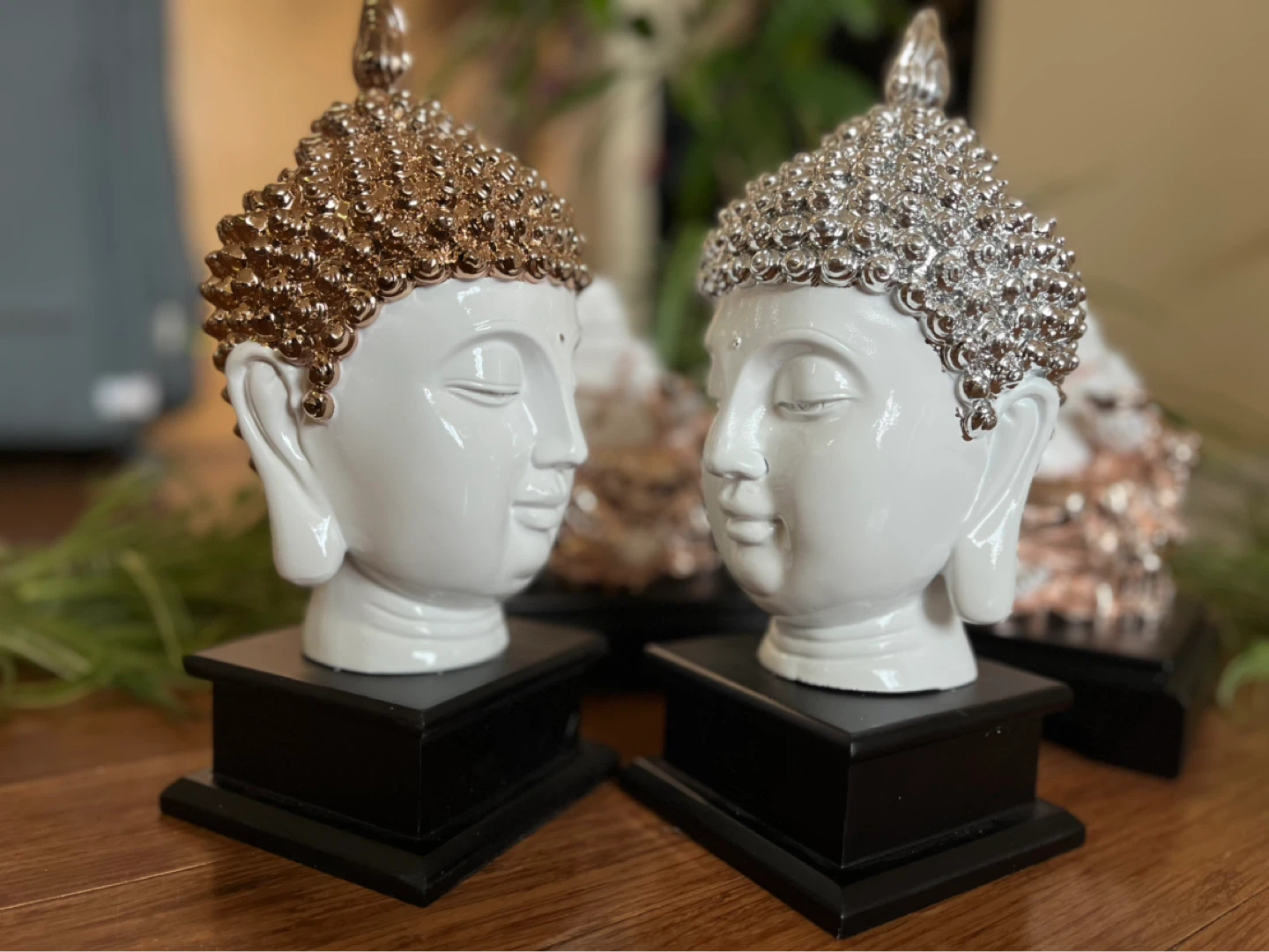 White Buddha Head Figurine with Silver Embellishments