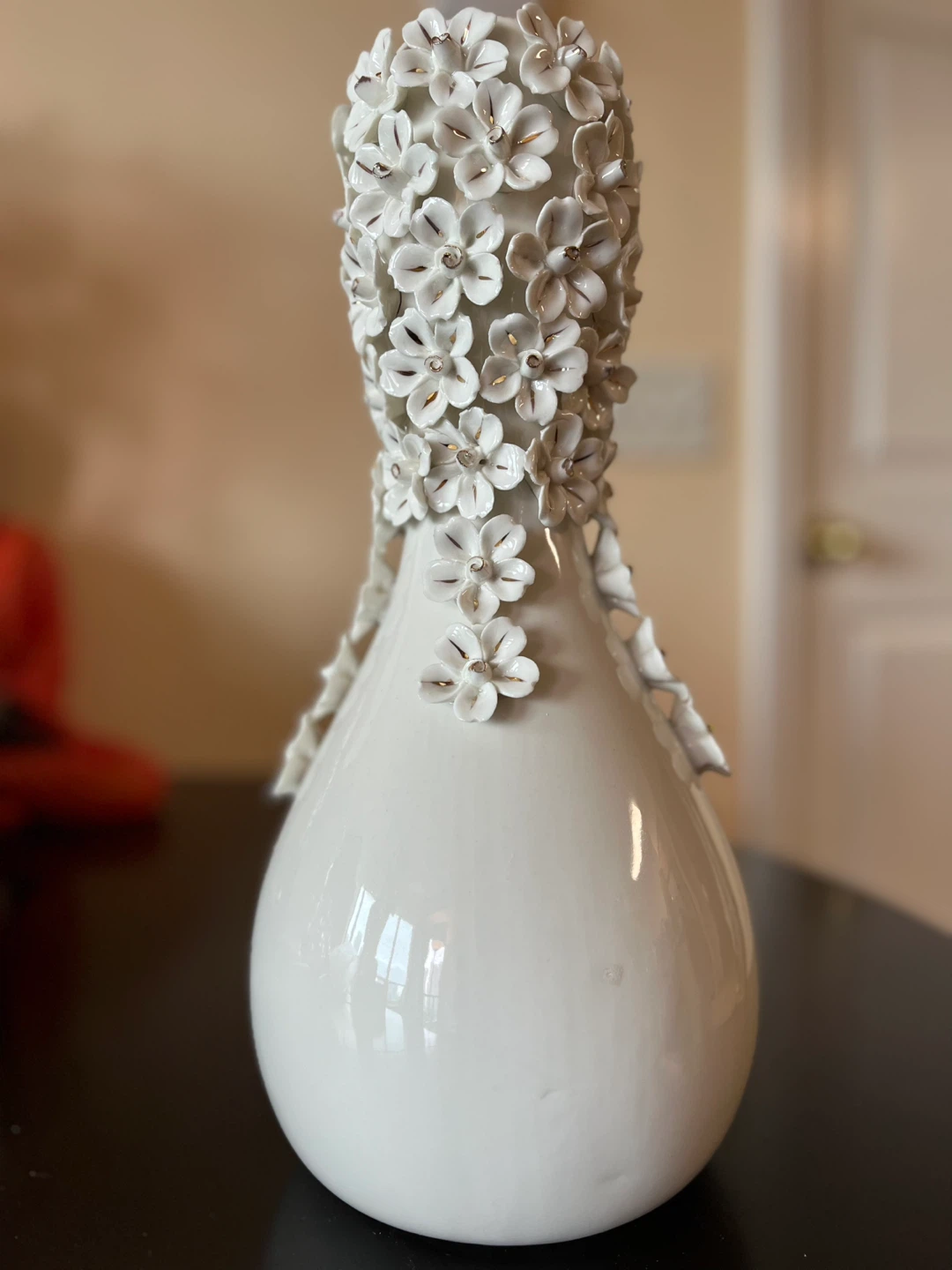 White Decorative Vase with Floral Appliqués