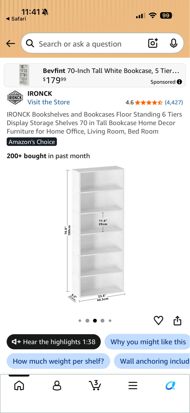 IRONCK 70-Inch Tall White Bookcase, 5 Tier - photo 3