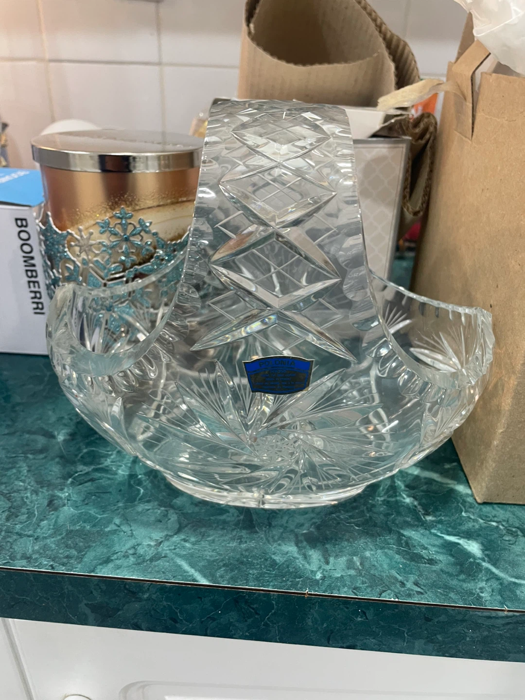 Crystal Cut Glass Fruit Basket with Handle