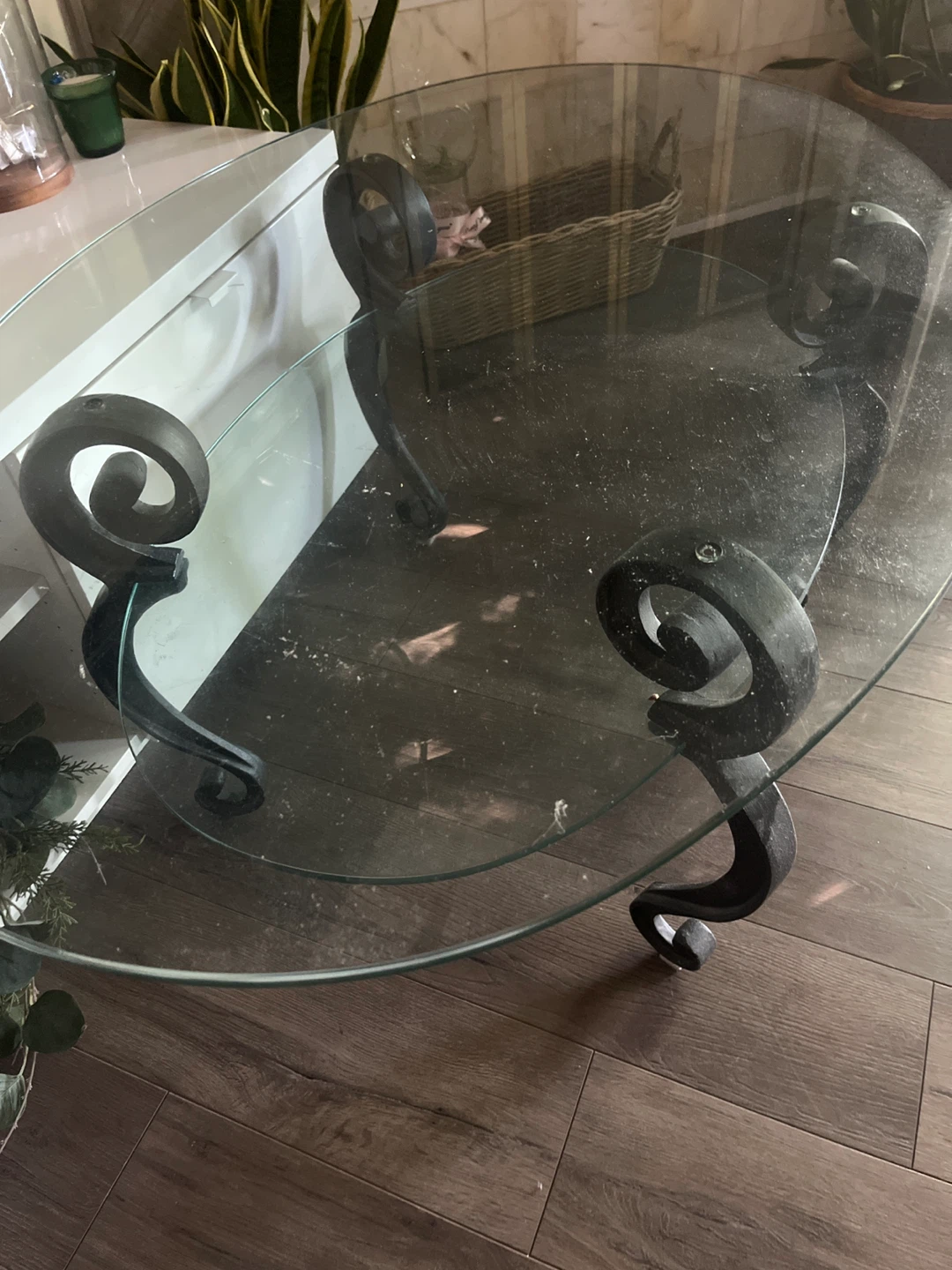 Glass Oval Coffee Table with Metal Scroll Legs