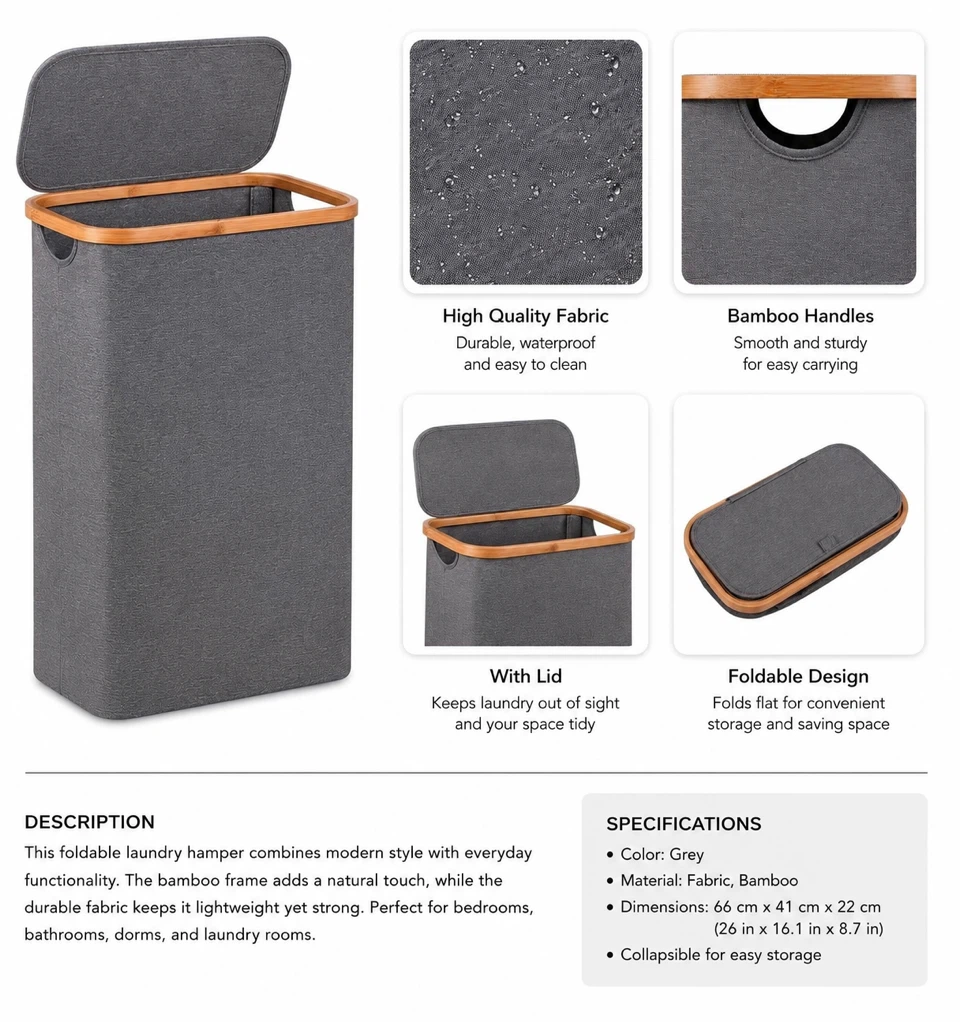 Foldable Laundry Hamper with Bamboo Handles - Grey - photo 2