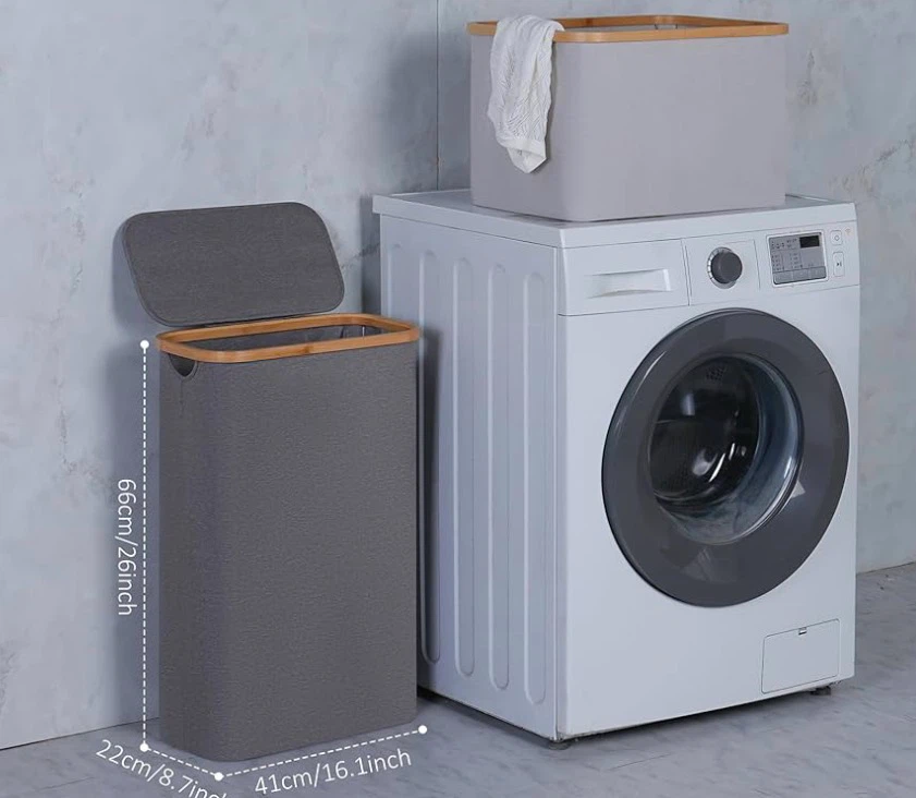 Foldable Laundry Hamper with Bamboo Handles - Grey - photo 3
