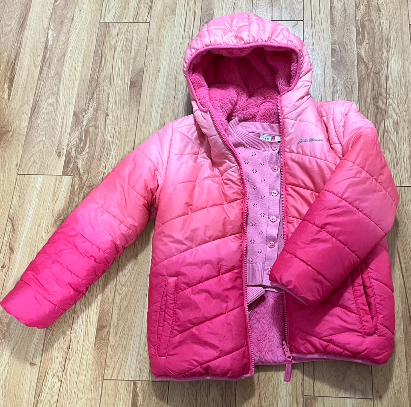 Eddie Bauer Pink Ombre Puffer Jacket with Faux Fur Lining - photo 2