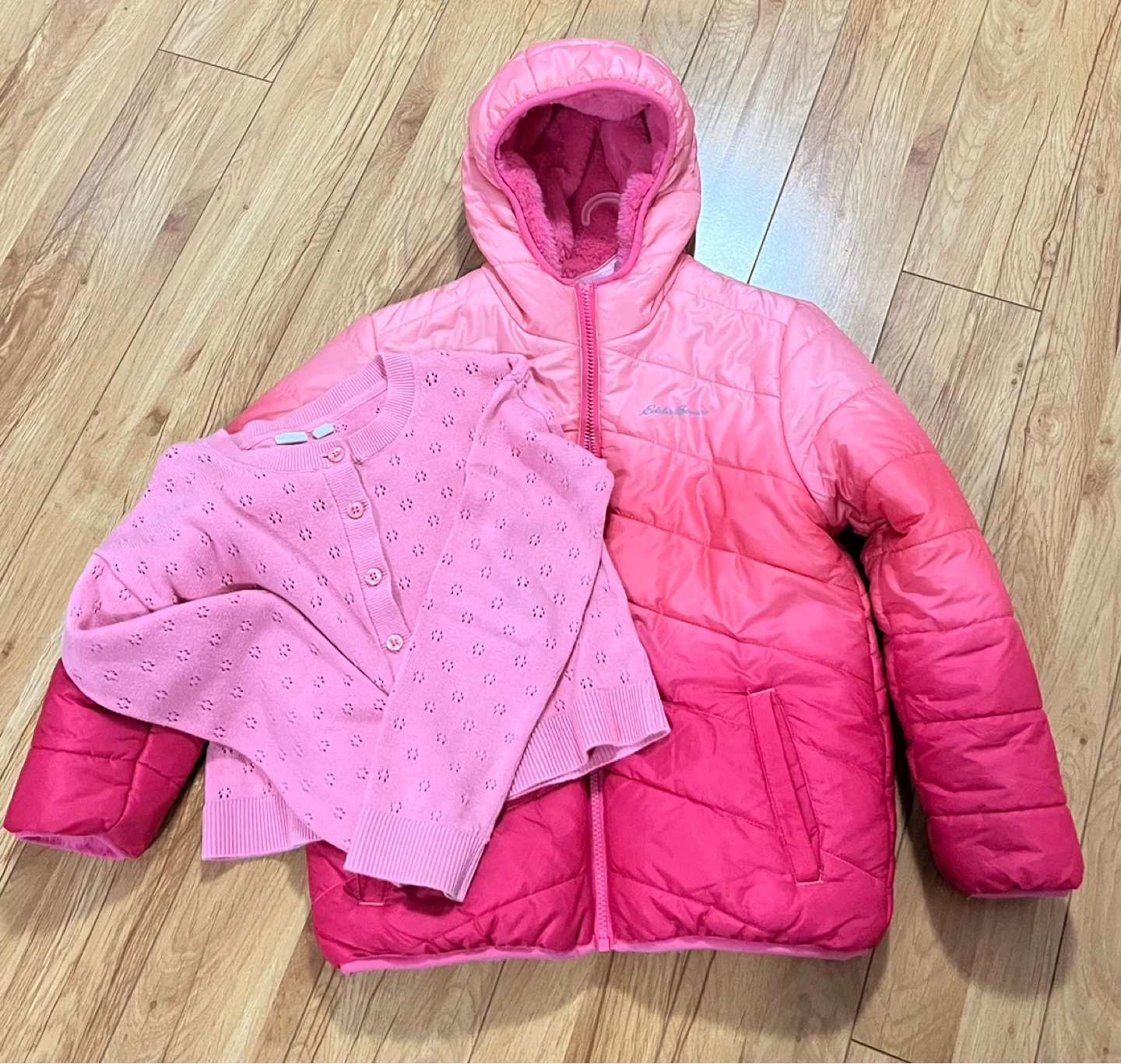 Eddie Bauer Pink Ombre Puffer Jacket with Faux Fur Lining