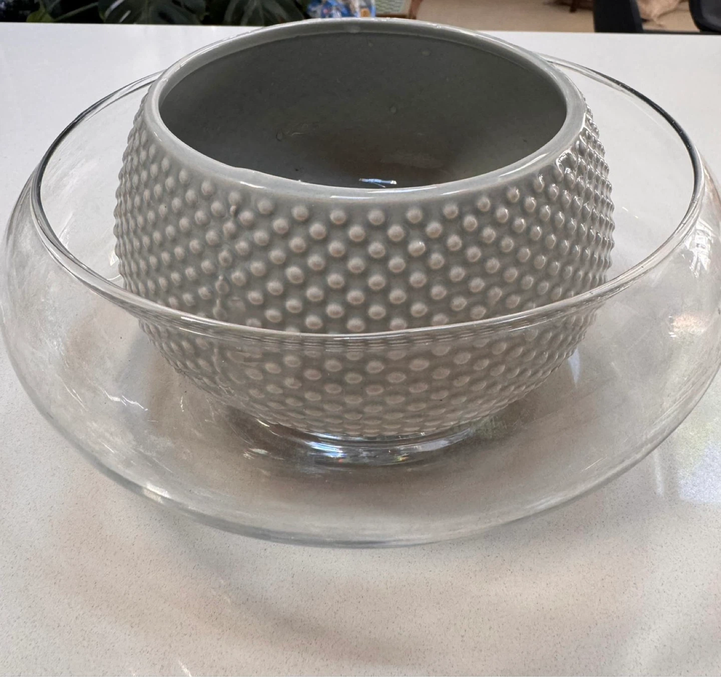 Grey Textured Ceramic Pot with Clear Glass Bowl
