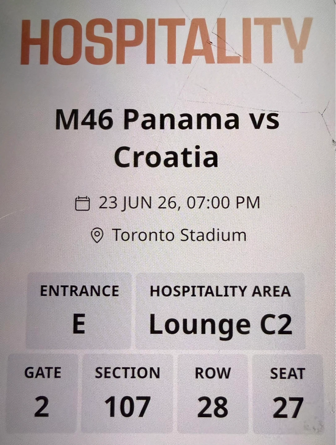 M46 Panama vs Croatia Hospitality Ticket