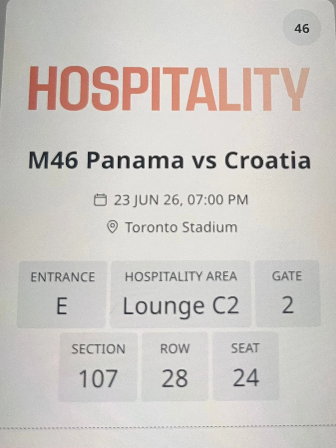 M46 Panama vs Croatia Hospitality Ticket