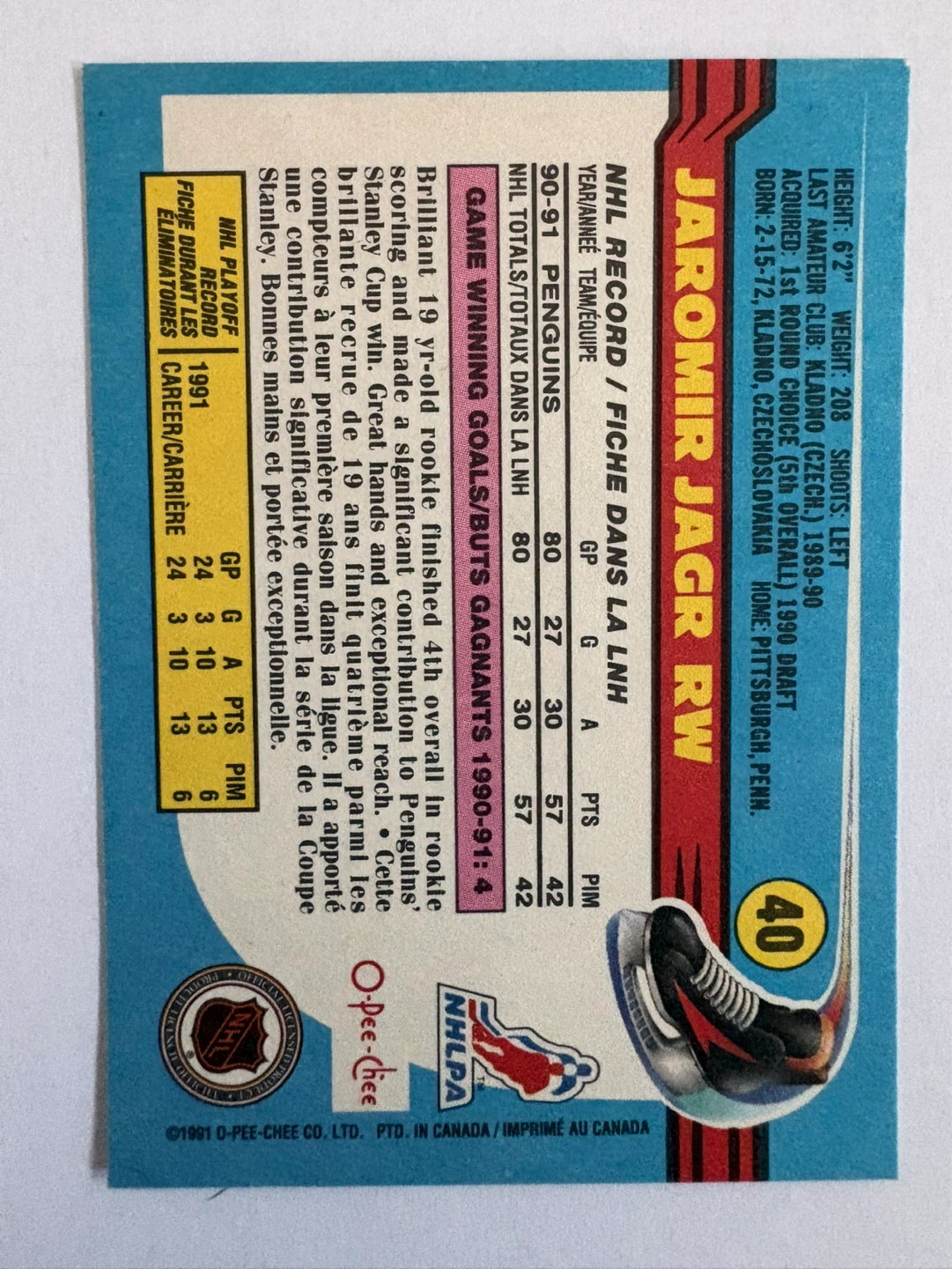 O-Pee-Chee Jaromir Jagr Hockey Card 1990-91 - photo 2