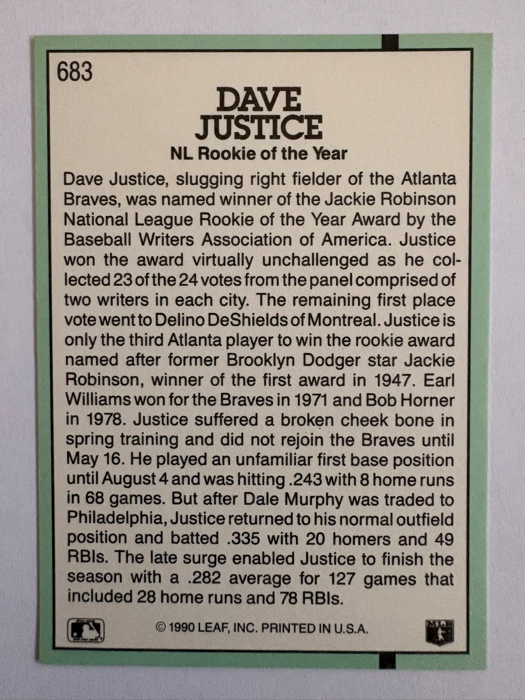 1991 Donruss Dave Justice Rookie Card - photo 2