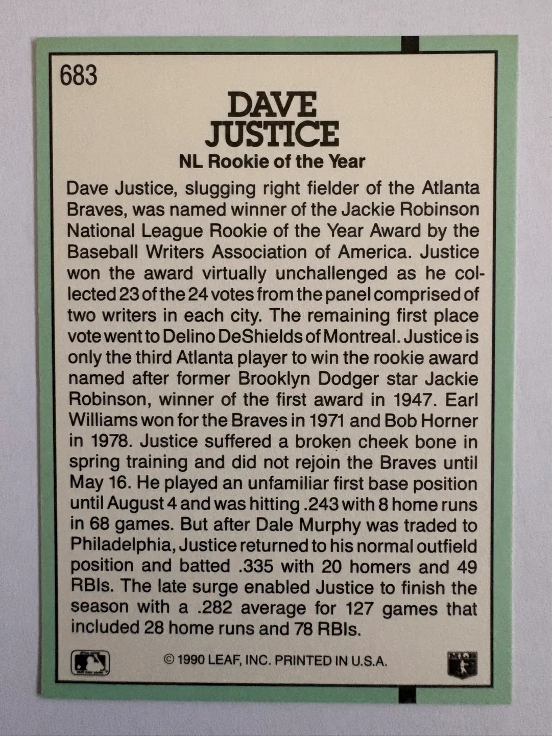 1991 Donruss Dave Justice Rookie Card - photo 2