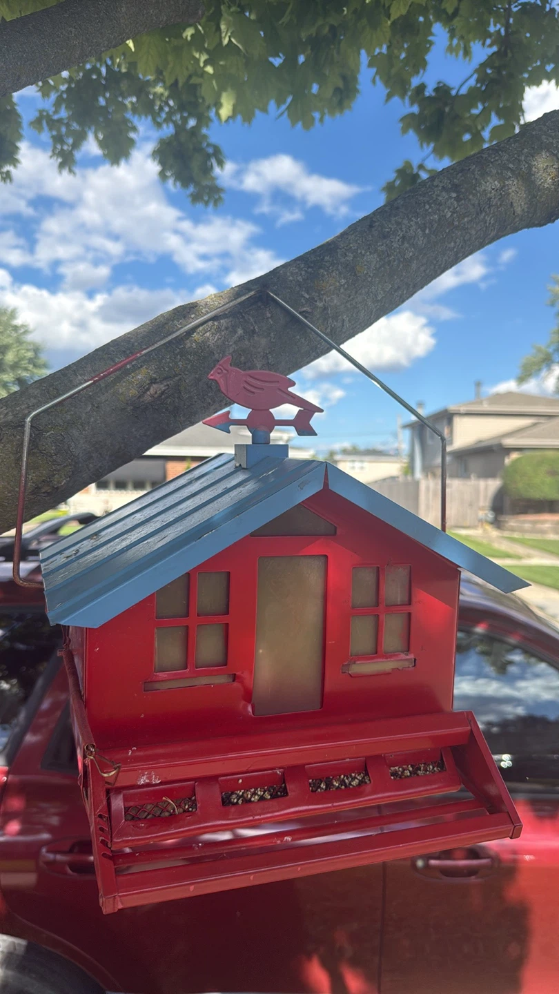 Red Metal Bird Feeder with Cardinal Weathervane