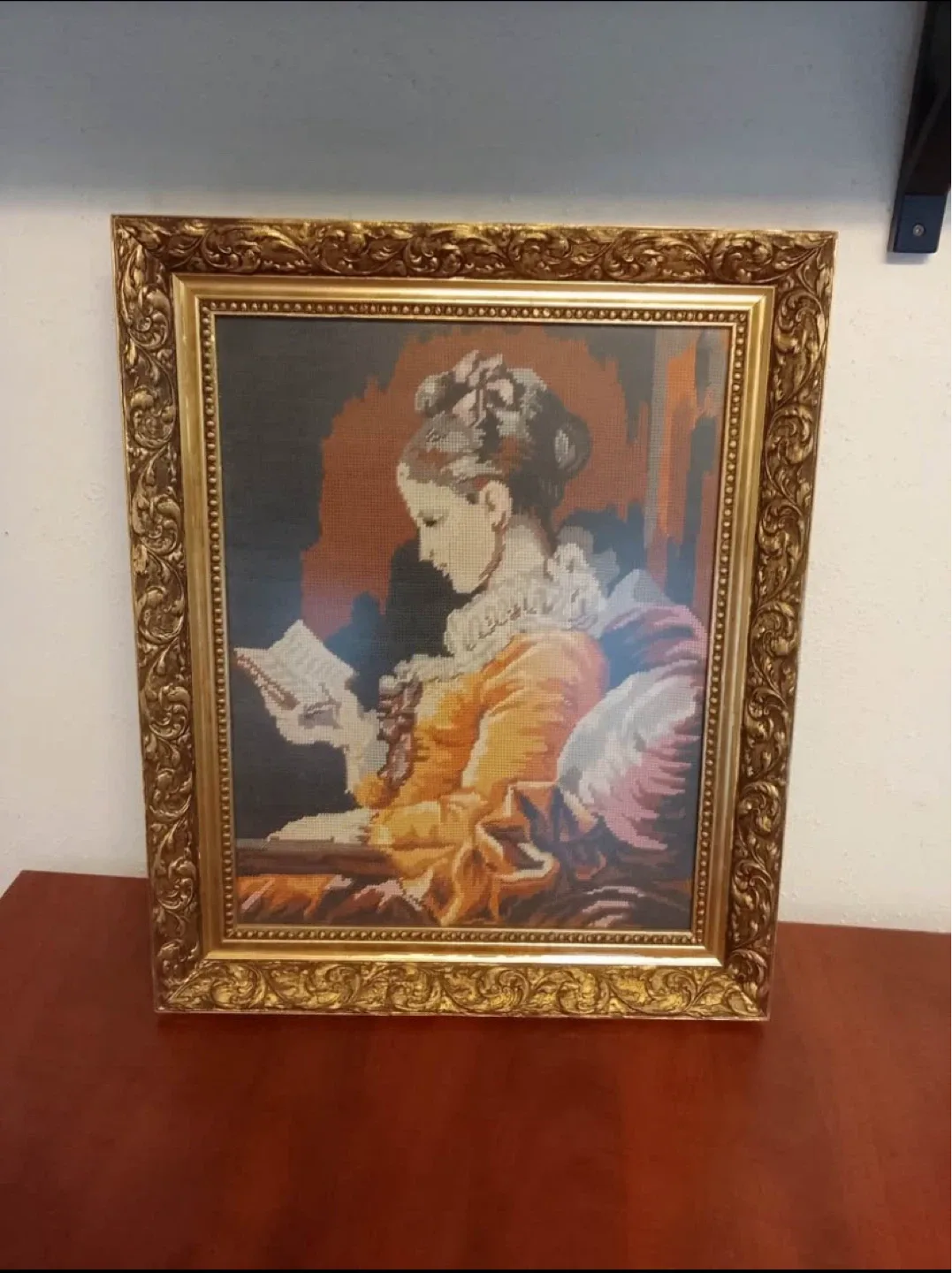 Framed Needlepoint of a Woman Reading ⚽️