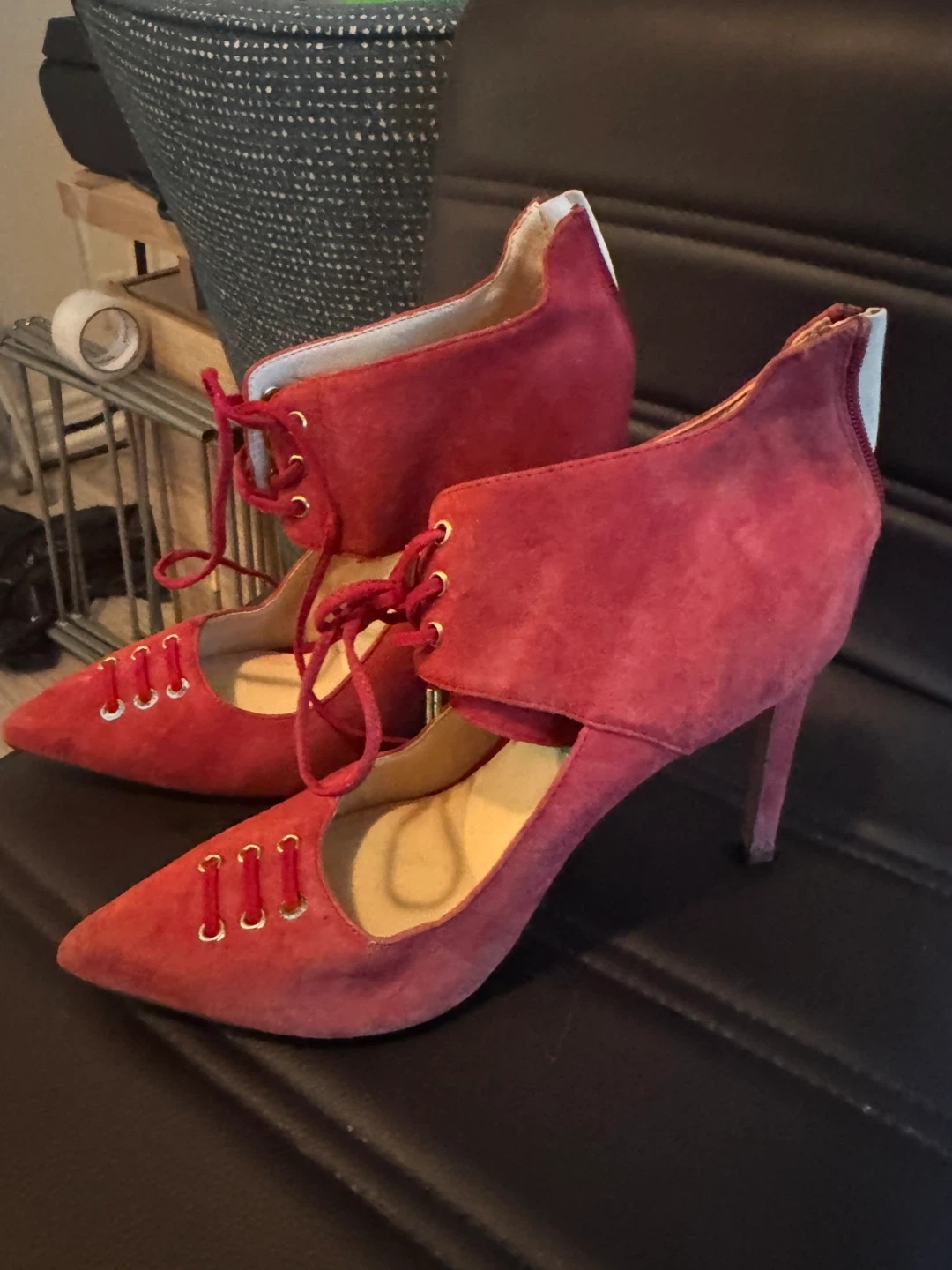 Red Suede Lace-Up Heels