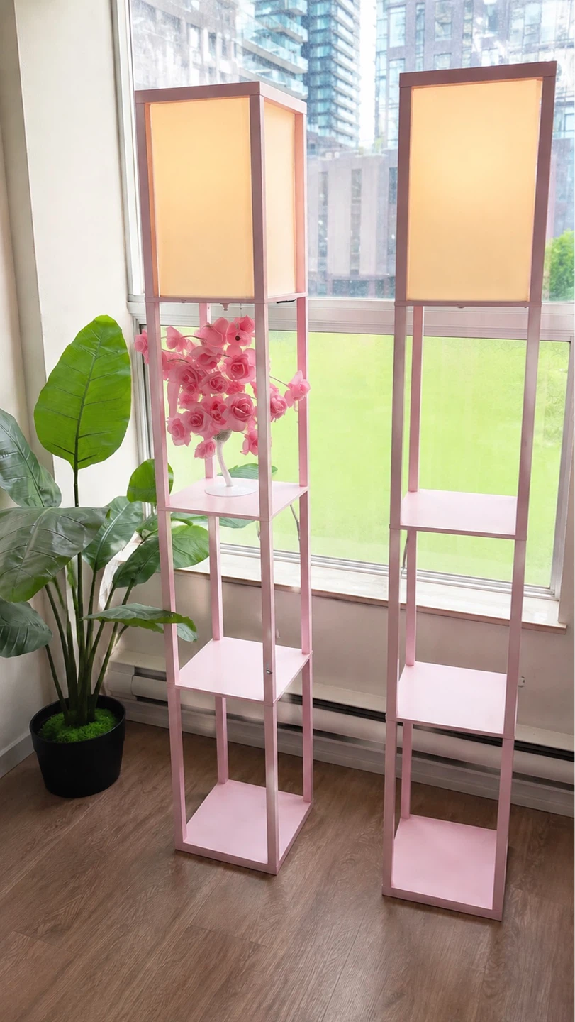 Pink floor lamp with shelves