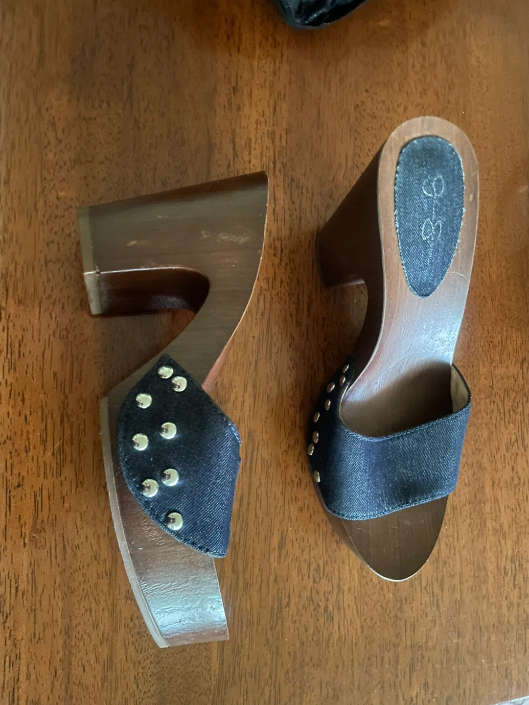 Wooden Platform Clogs with Denim Straps