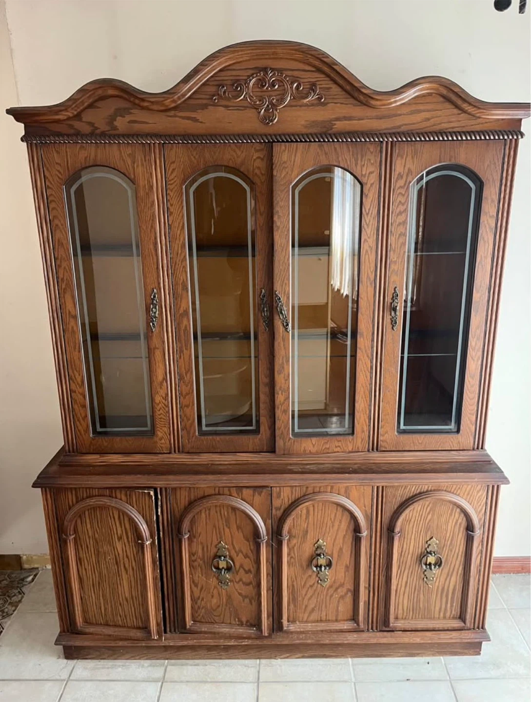 Vintage Wood China Cabinet with Glass Doors