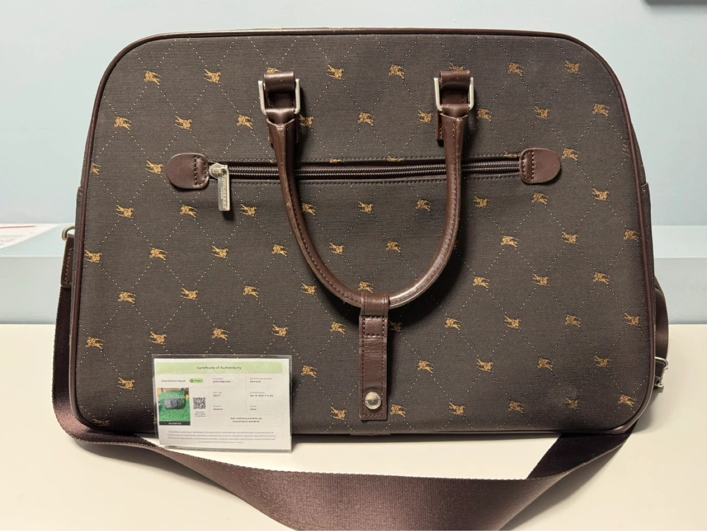 Burberry Blue Canvas Knight Check Travel Bag Authentic
