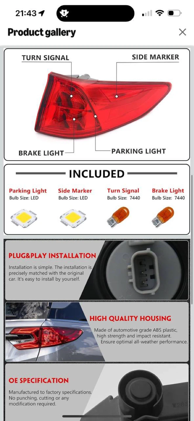 Honda Odyssey 2018-2024 Right Tail Light (Passenger Side) - photo 4