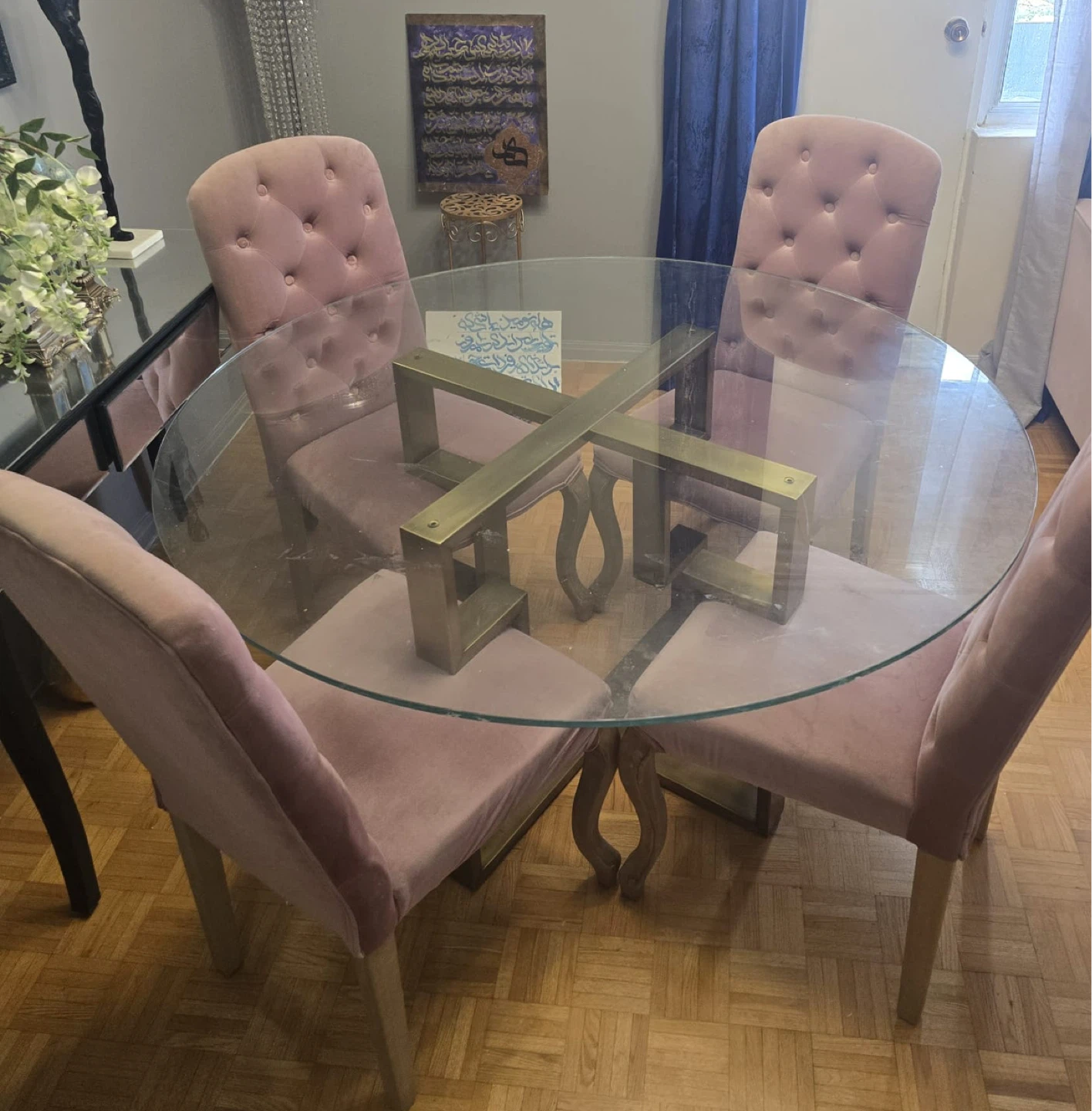 Glass Dining Table with 4 Pink Velvet Chairs
