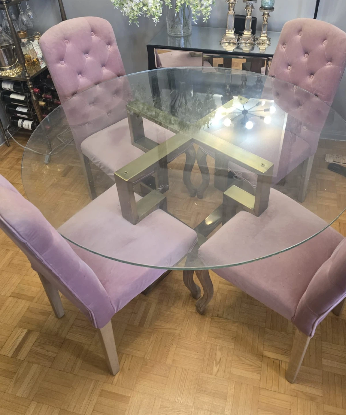 Glass Dining Table with 4 Pink Velvet Chairs - photo 3