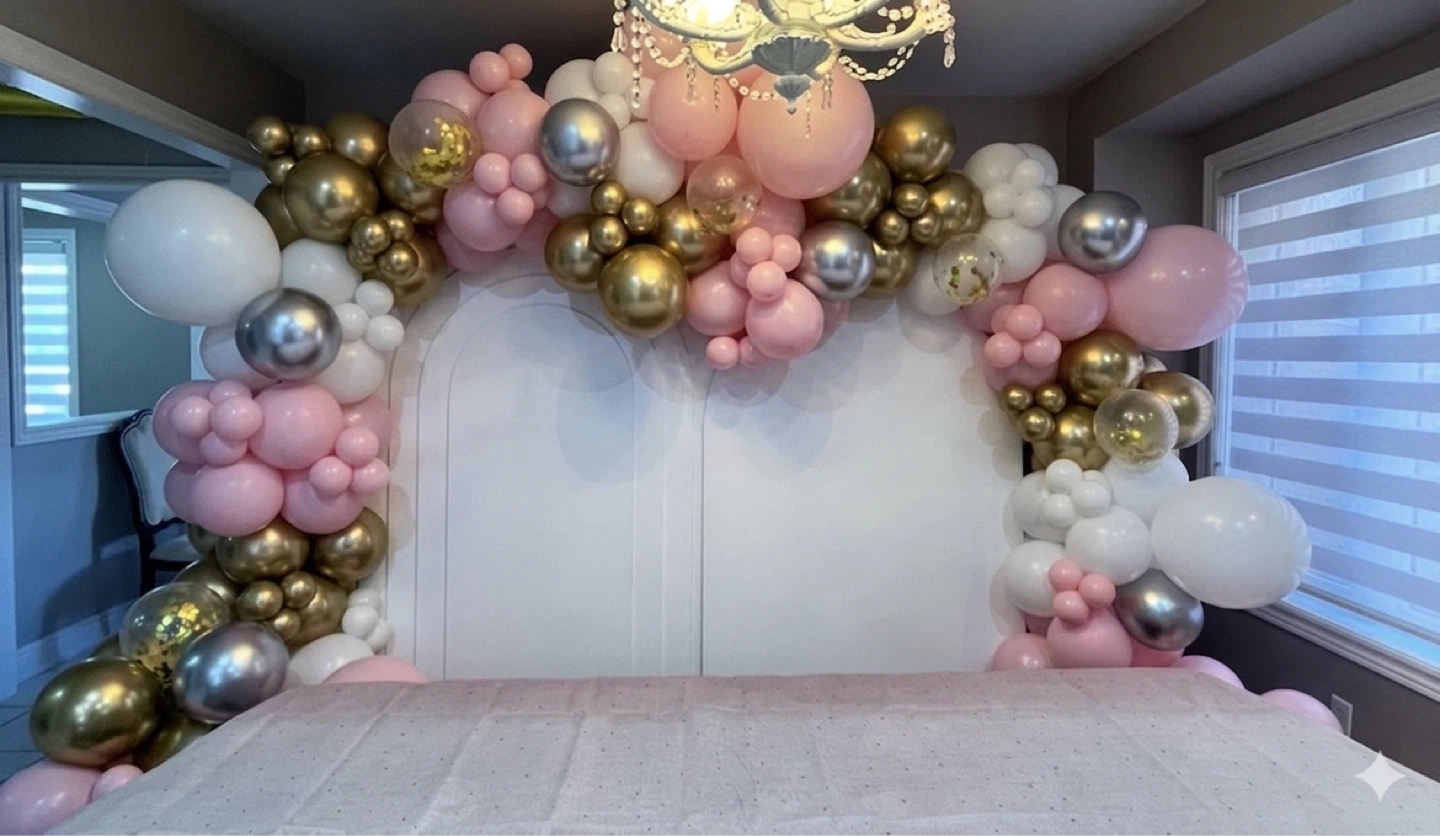 Used Balloon Garland – Light Pink, White, Gold & Silver