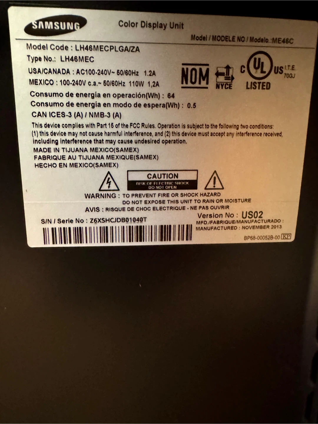 Samsung LH46MECPLGA/ZA Color Display Unit Monitor