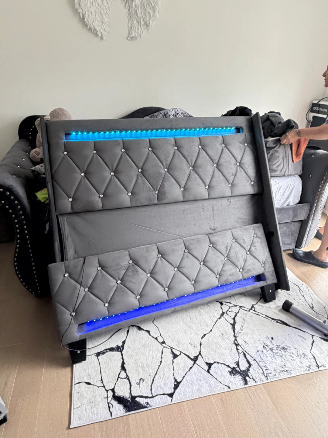 Grey Velvet Bed Frame with LED Lights
