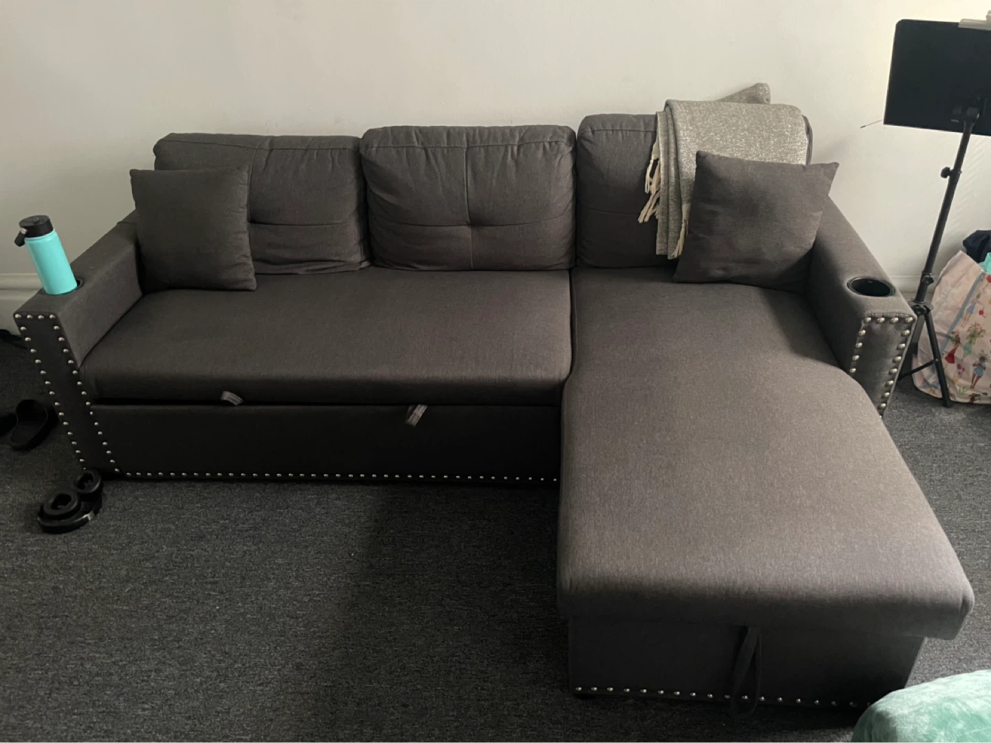 Dark Gray Sectional Sofa w/ Storage andQueen size  Pull-out Bed