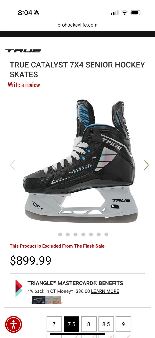 TRUE CATALYST 7X4 SENIOR HOCKEYSKATES size 7.5 mens