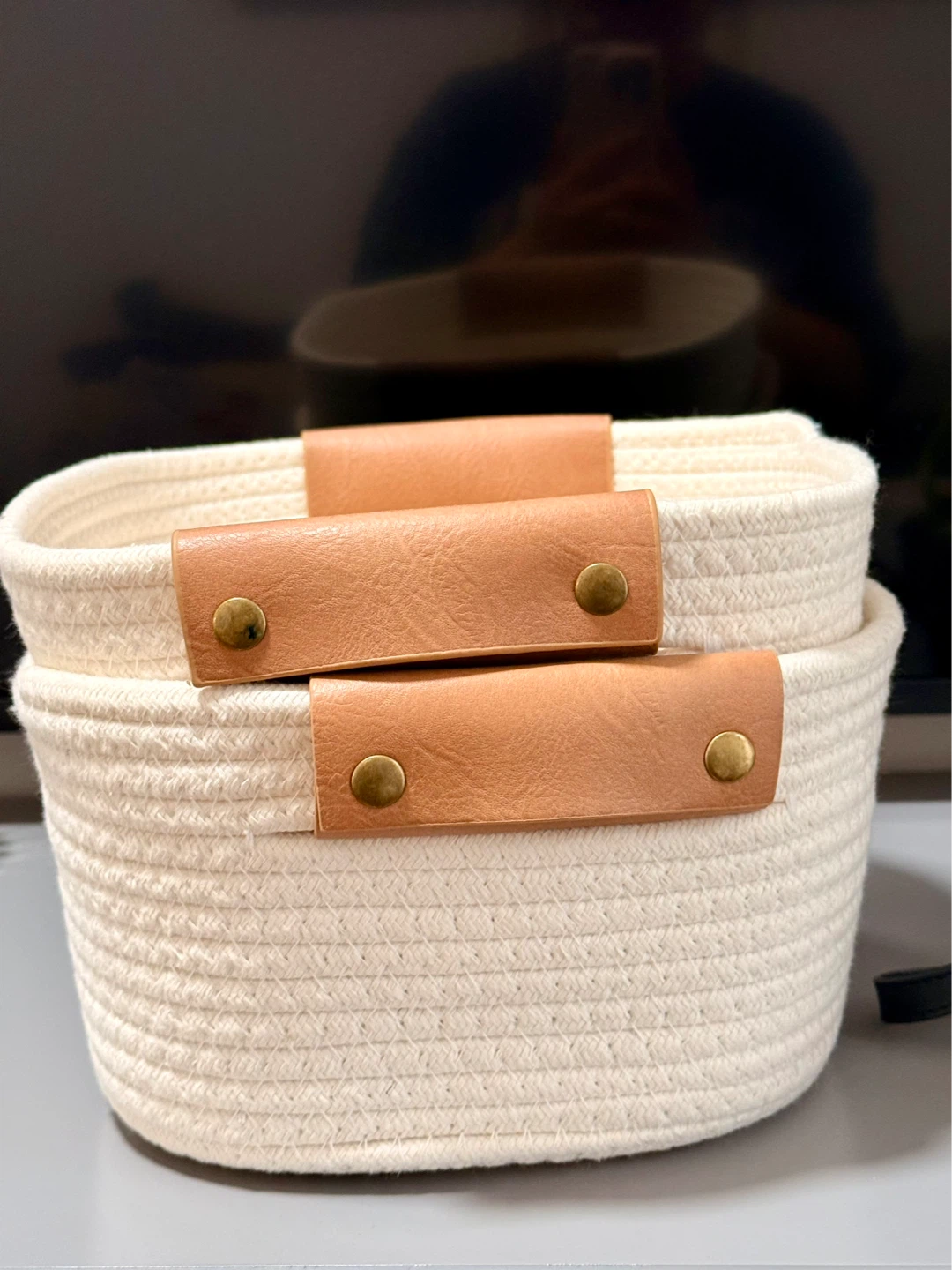 Fabric Rope Storage Baskets with Faux Leather Handles - Set of 2