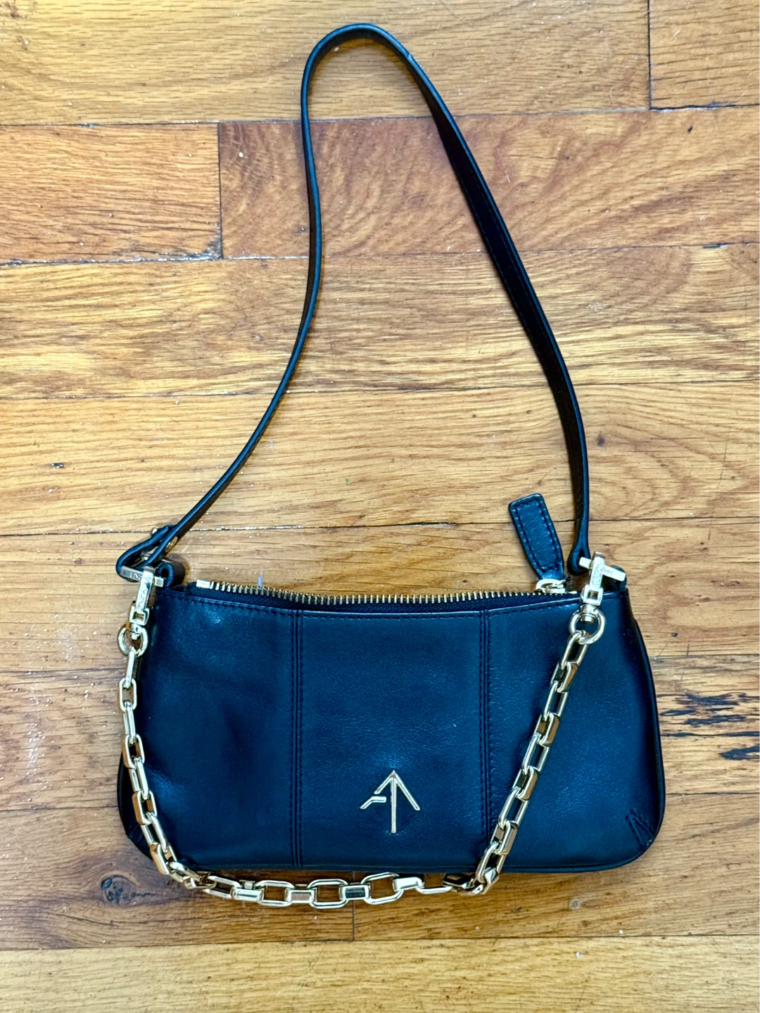 Manu Atelier Black Leather Shoulder Bag with Gold Chain