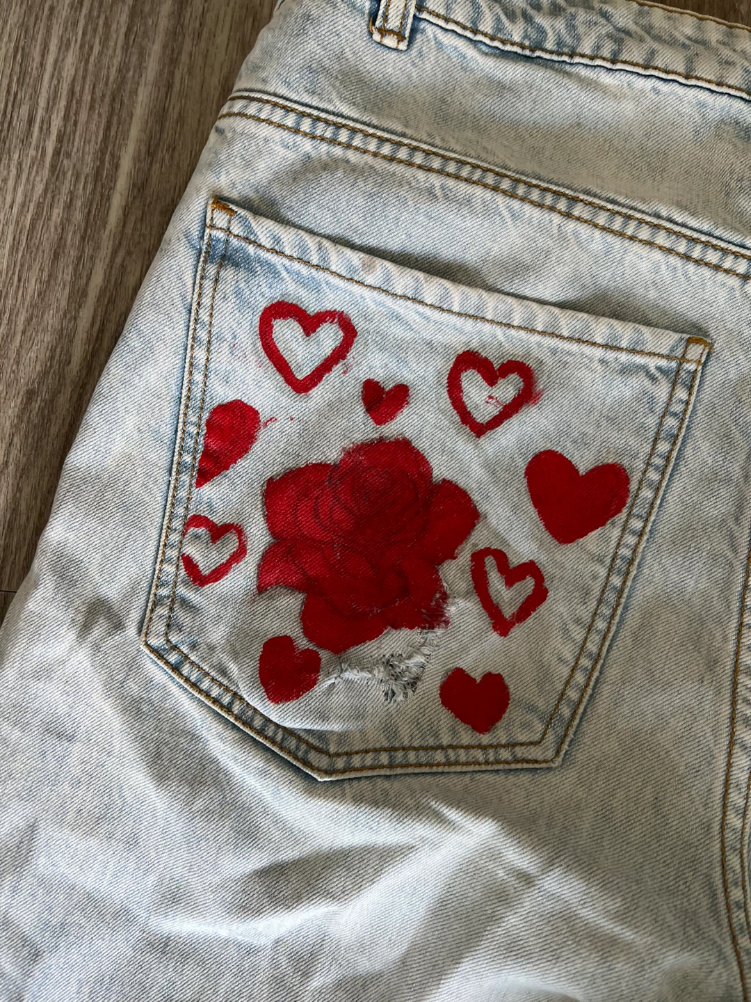 PESCARA Light Wash Jeans with Custom Red Rose and Heart Design - photo 2