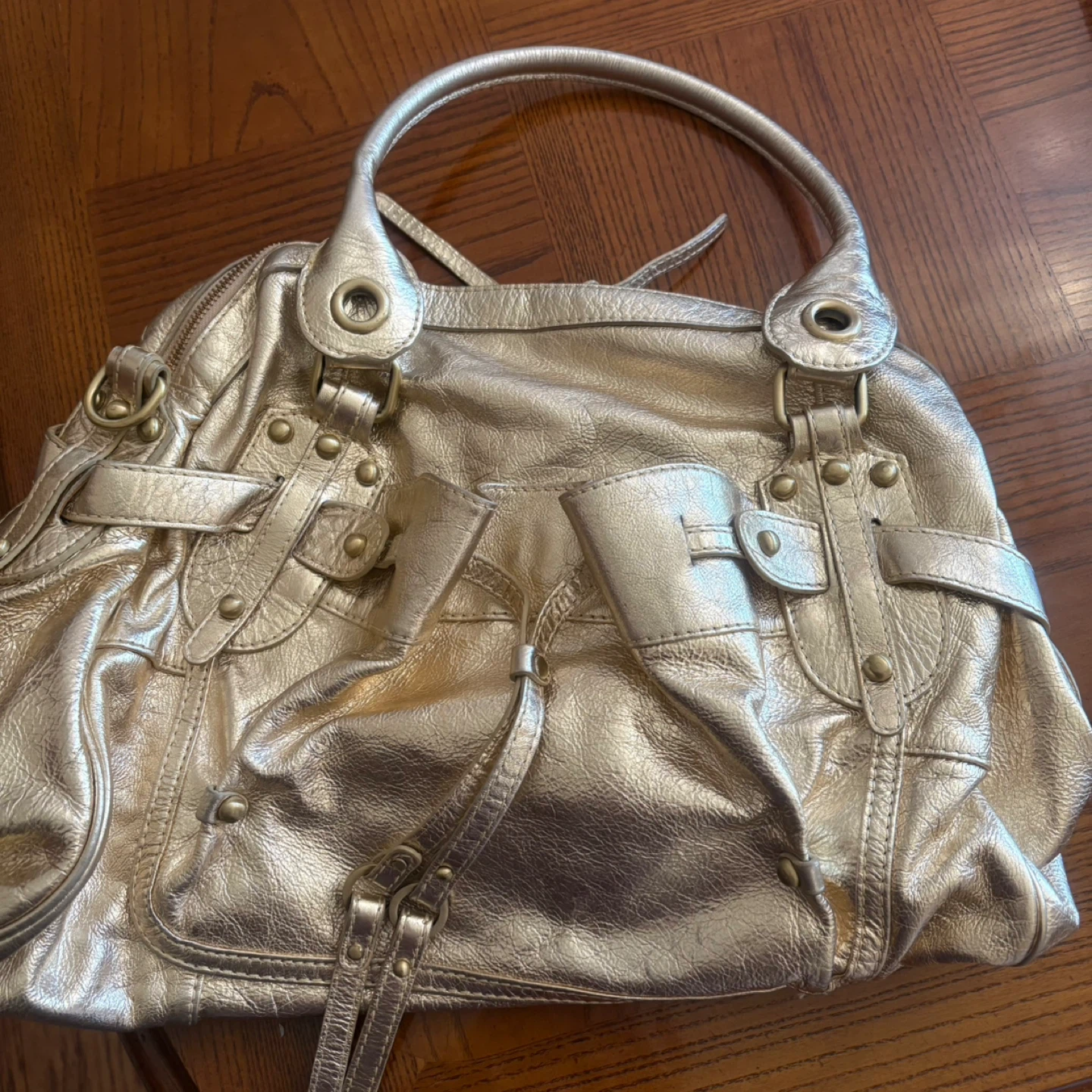 Gold Leather Handbag with Charm