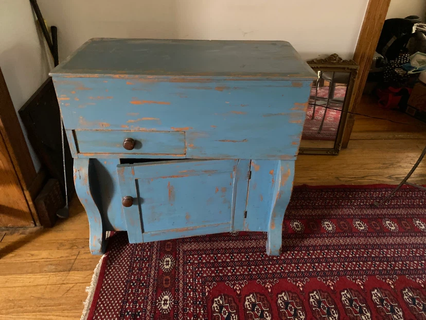 Vintage Blue Wooden Cabinet with Drawer and Doors