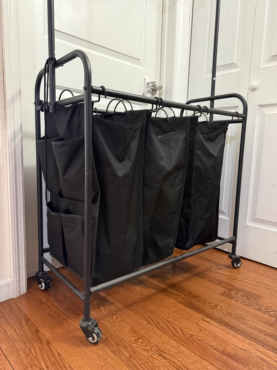 Rolling 3-Bag Laundry Sorter with Hanger Rack - photo 4