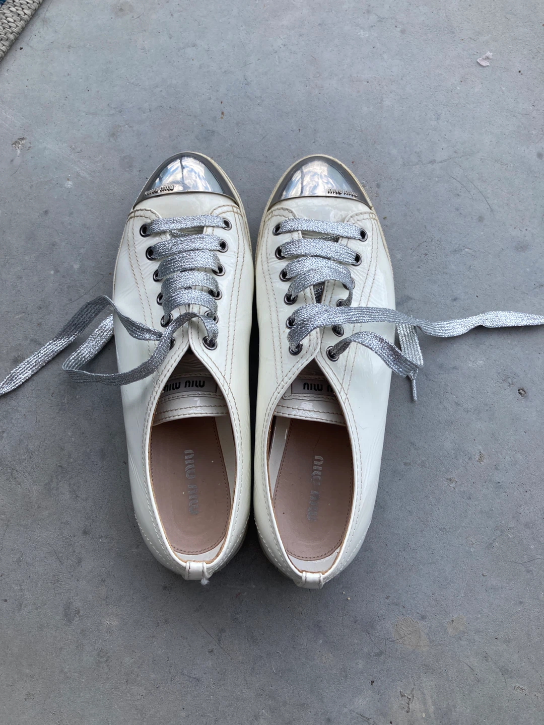 Miu Miu White Patent Leather Sneakers with Silver Laces - photo 2