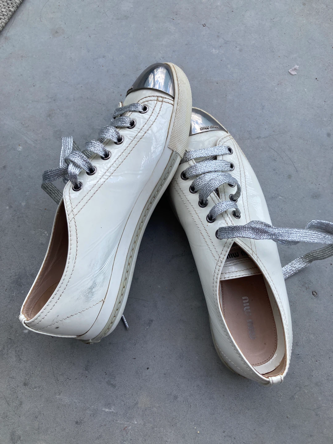 Miu Miu White Patent Leather Sneakers with Silver Laces - photo 3