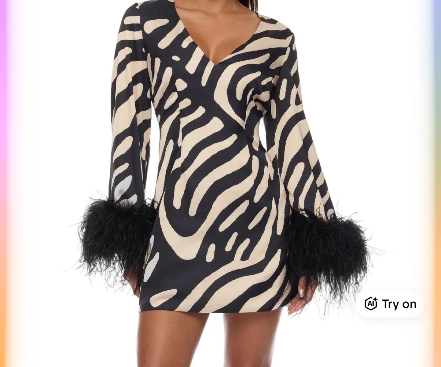 Zebra Print Mini Dress with Feather Cuffs - photo 2