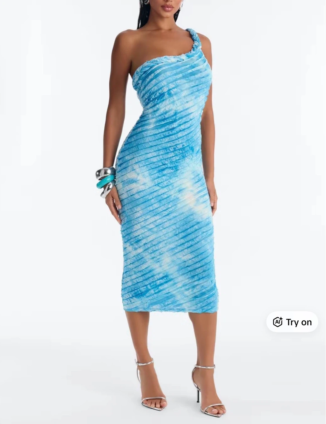 Blue Tie-Dye One-Shoulder Midi Dress