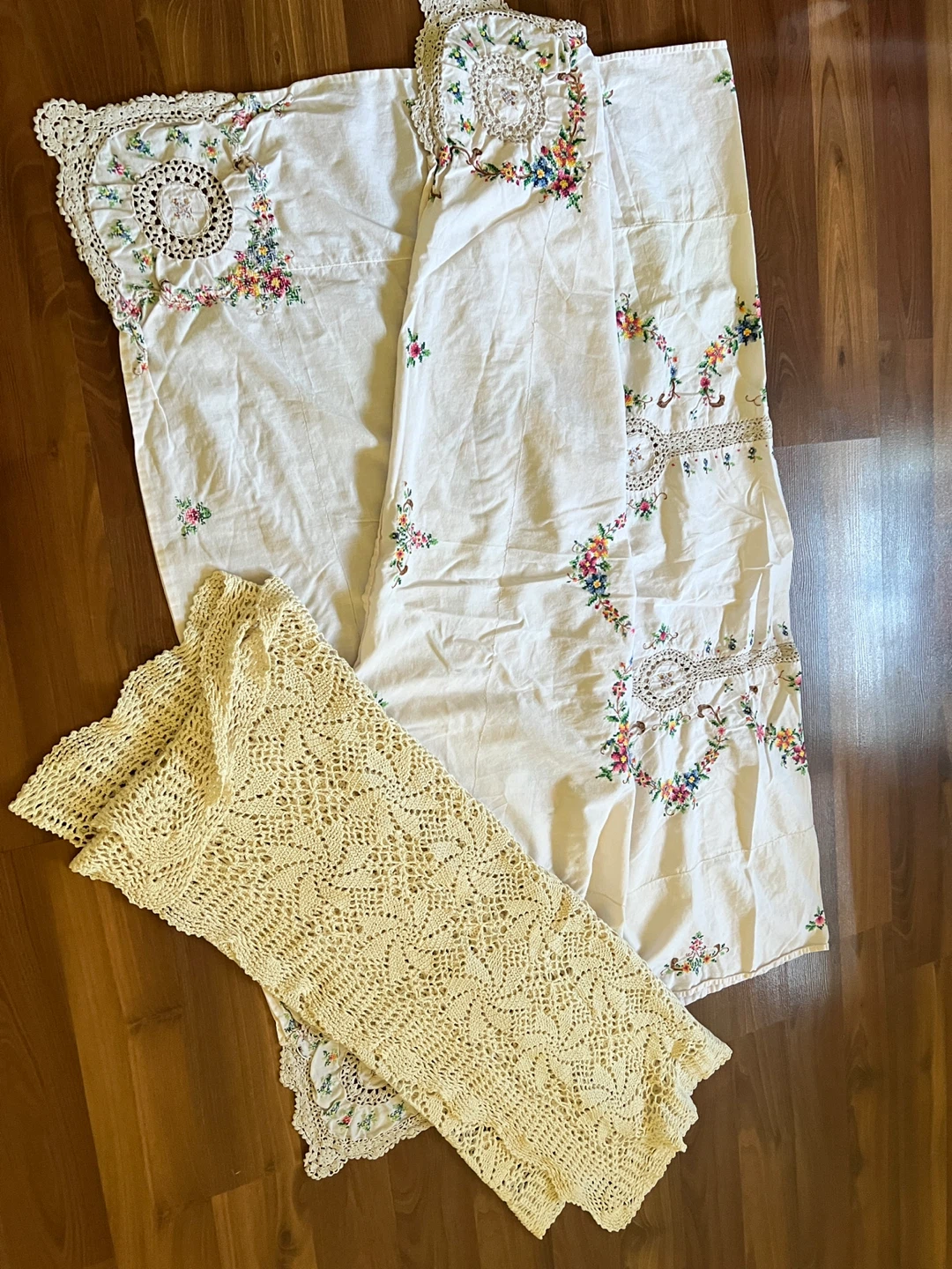 Vintage Embroidered Tablecloth with Crochet Accents