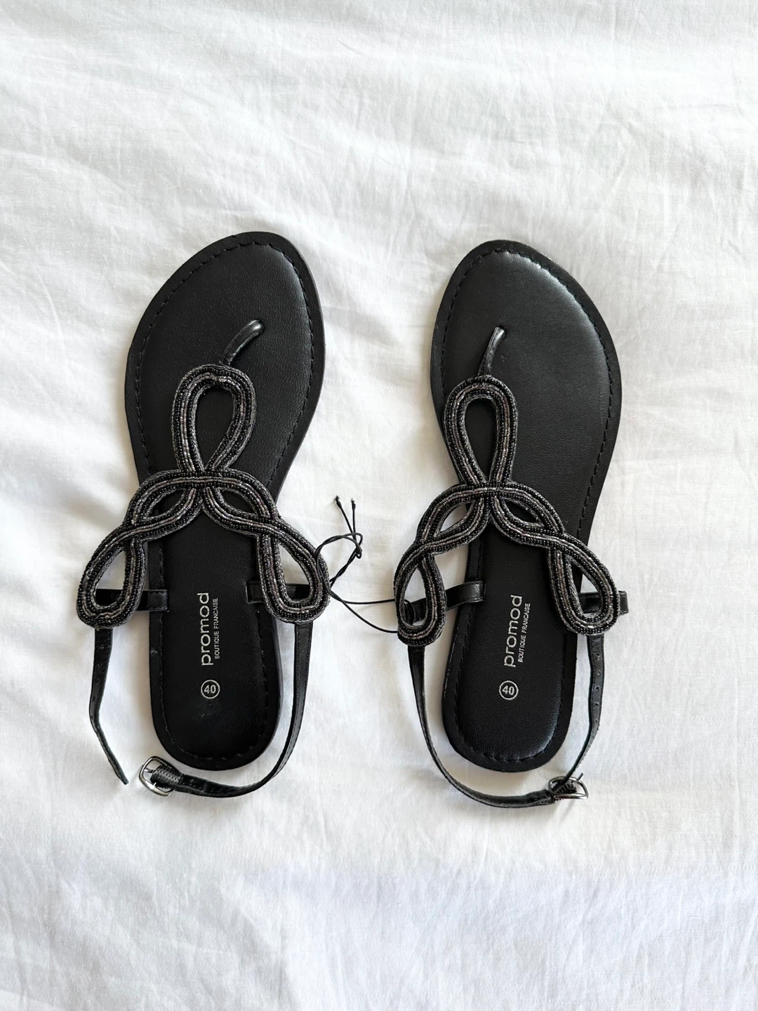⚽️ 🆕 Promod Leather Black Beaded Sandals Size US 9