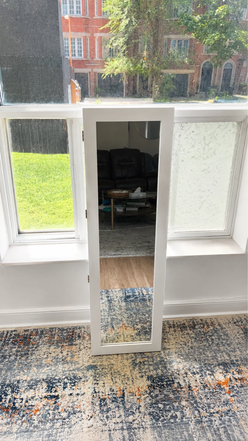 White Mirrored Jewellery Cabinet with Storage Shelves and Hooks