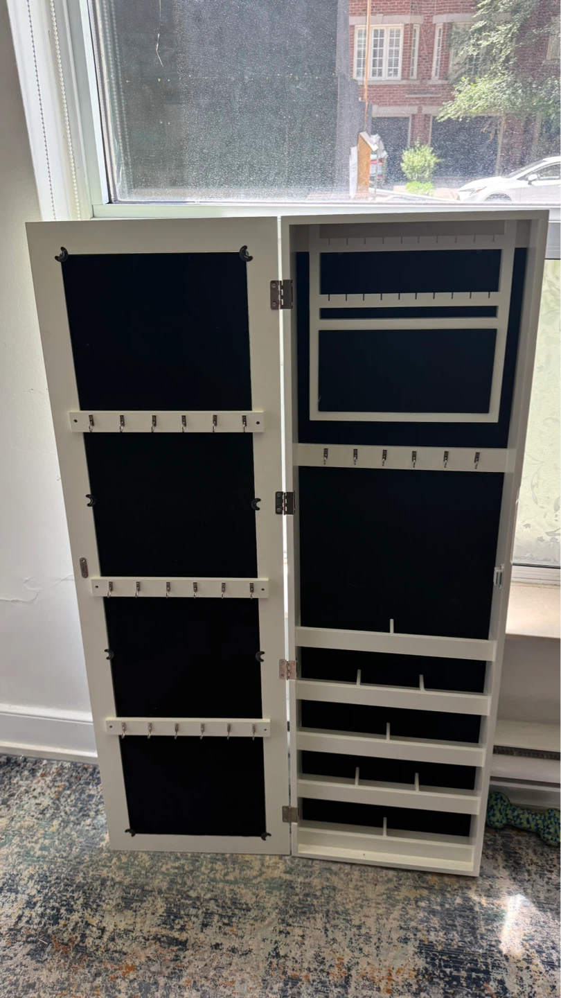 White Mirrored Jewellery Cabinet with Storage Shelves and Hooks - photo 2