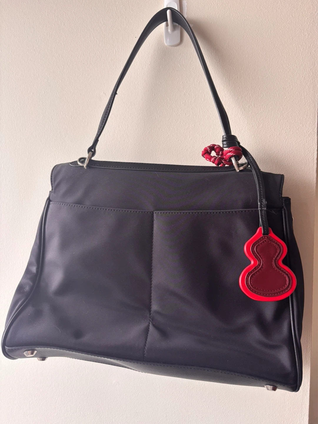 Black Nylon Top Handle Bag with Decorative Charm - photo 4