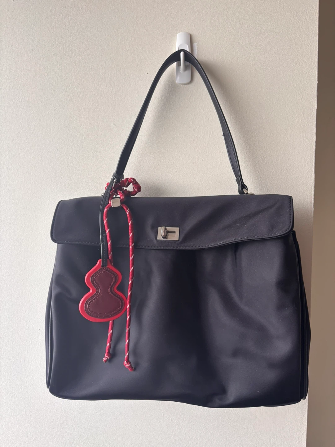 Black Nylon Top Handle Bag with Decorative Charm - photo 3